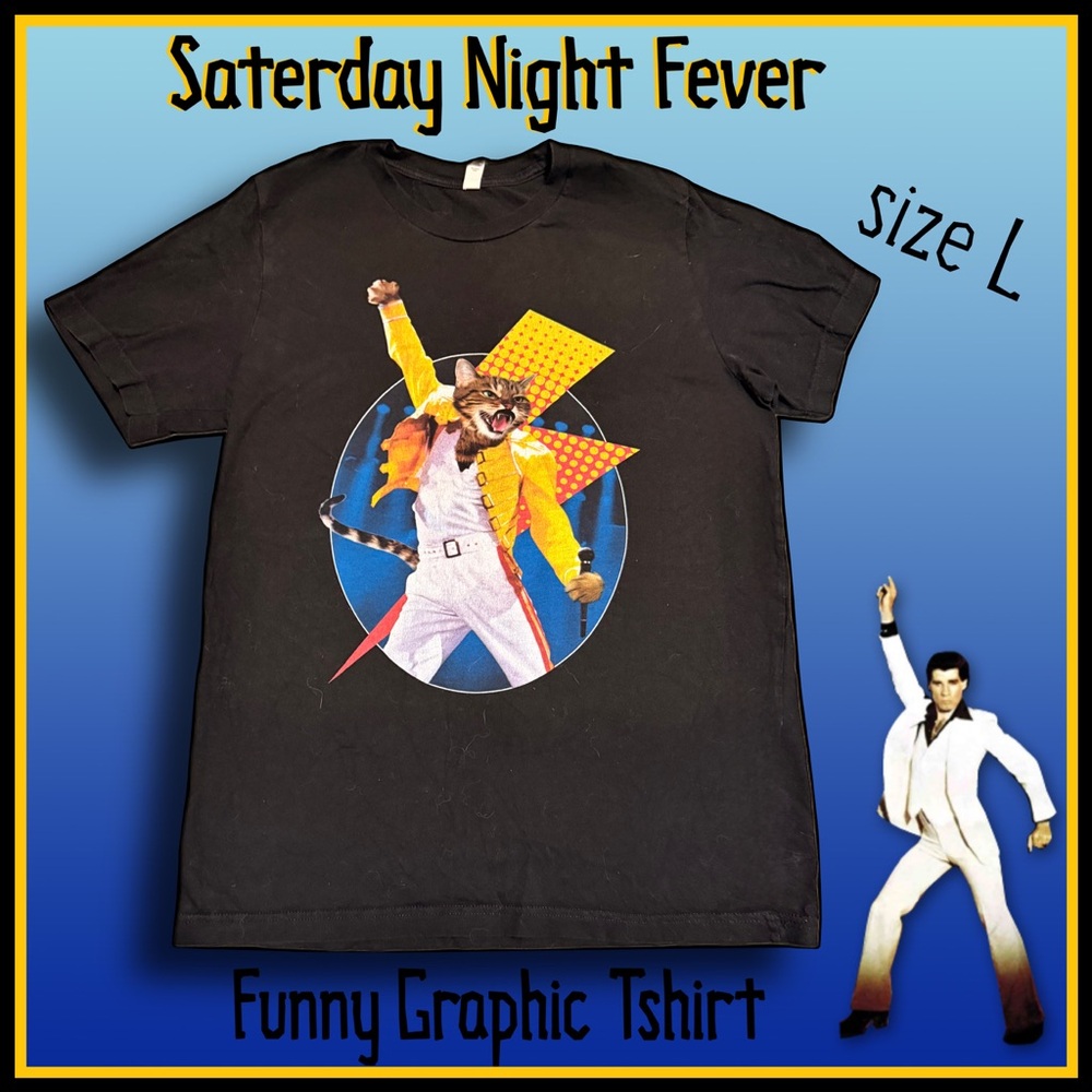 SATERDAY NIGHT FEVER black short sleeve spoof funny graphic TSHIRT size L